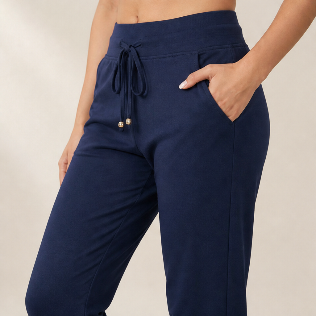 Navy Cropped Jogging Pants | Capri-Length Joggers with Pockets - Elastic Cuffs & Drawstring Waist lifestyle
