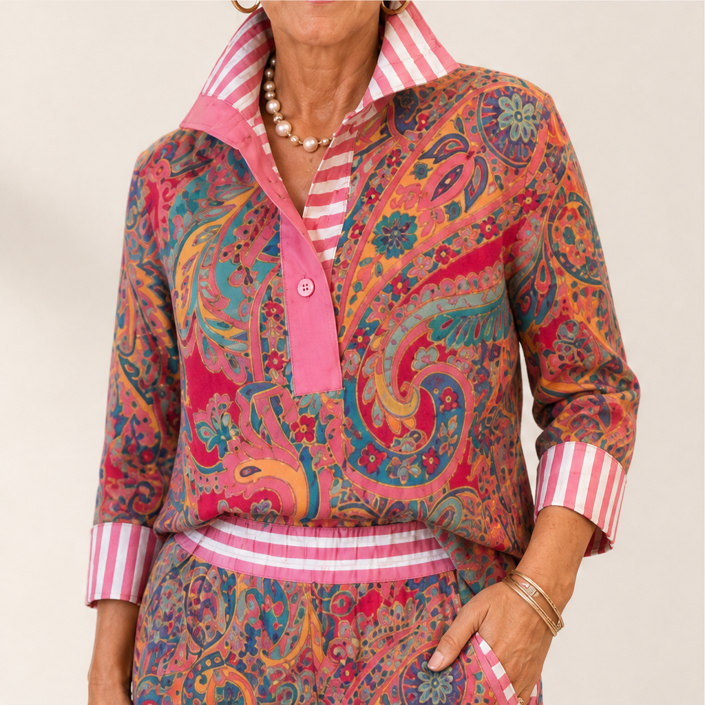 Pink Paisley Two-Piece Set | Contrast-Stripe Wide-Leg Trouser & Top - Women's Matching Set lifestyle