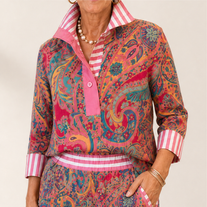Pink Paisley Two-Piece Set | Contrast-Stripe Wide-Leg Trouser & Top - Women's Matching Set lifestyle