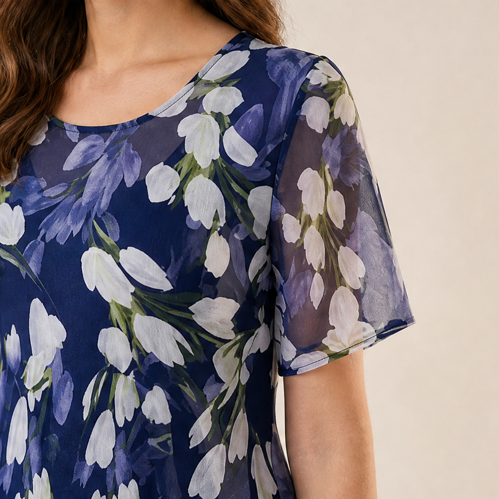 Navy Floral Chiffon A-Line Dress | Double-Layer Midi with Flutter Sleeves - Women's Occasion Wear lifestyle