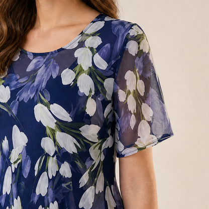Navy Floral Chiffon A-Line Dress | Double-Layer Midi with Flutter Sleeves - Women's Occasion Wear lifestyle