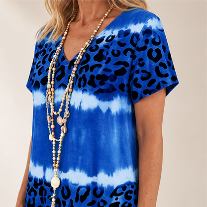 Blue Tie-Dye Leopard Print V-Neck Dress | Casual Shift Dress for Women - Short Sleeve Midi lifestyle