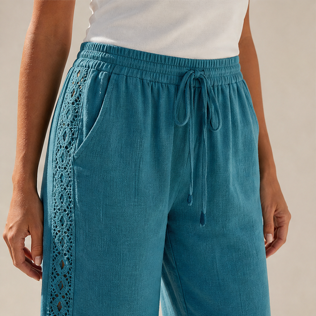 Teal Lace Trim Trousers | Bohemian Wide Leg Linen Style - Elastic Waist Holiday Pants lifestyle