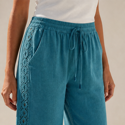 Teal Lace Trim Trousers | Bohemian Wide Leg Linen Style - Elastic Waist Holiday Pants lifestyle