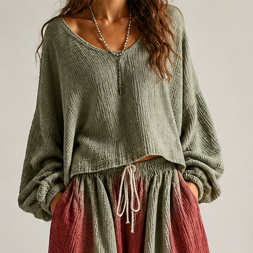 Olive Ombre Two Piece Matching Set | Bohemian Cotton Gauze Top & Harem Trousers - Loose Casual Style lifestyle