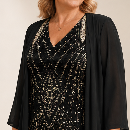 Black Sequin V-Neck Dress & Jacket Set | Two-Piece Evening Outfit with Sheer Chiffon Duster lifestyle