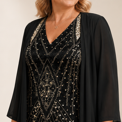 Black Sequin V-Neck Dress & Jacket Set | Two-Piece Evening Outfit with Sheer Chiffon Duster lifestyle