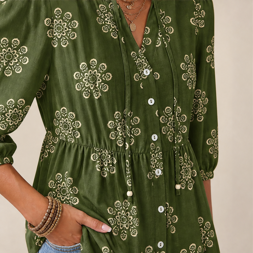 Khaki Green Floral Peplum Blouse | Boho V-Neck Button-Down Top - Puff Sleeve Tie Neck lifestyle