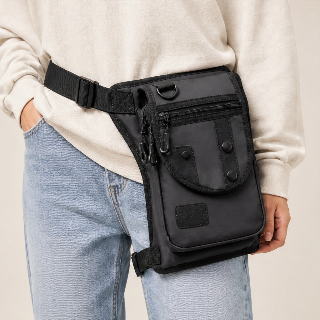 Black Leg Bag | Oxford Fabric Utility Thigh Bag for Travel - Adjustable Waist & Leg Straps lifestyle