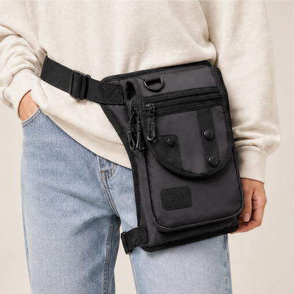 Black Leg Bag | Oxford Fabric Utility Thigh Bag for Travel - Adjustable Waist & Leg Straps lifestyle