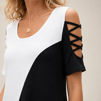 Black & White Colour-Block Midi Dress | Crew Neck Cold Shoulder - Ribbed Knit with Mesh Hem lifestyle