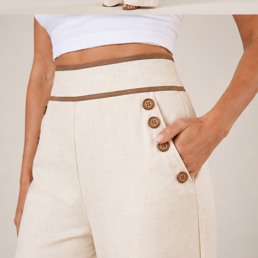 Ecru Wide-Leg Trousers | High-Waisted Tailored Trousers for Women - Contrast Trim with Button Detail lifestyle