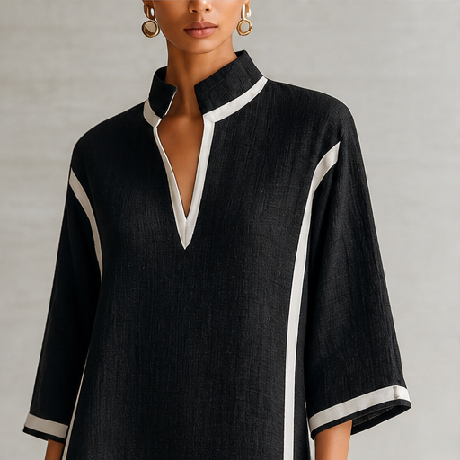 Black Colour Block Maxi Dress | V Neck Stand Collar Linen-Blend - Three Quarter Sleeve lifestyle