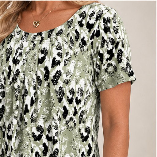Sage Green Printed Top | Casual Leopard Print Short Sleeve Blouse - Round Neck Pleated Tunic lifestyle