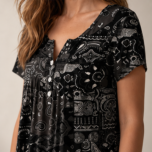 Black Paisley Print V-Neck Top | Casual Short Sleeve Blouse for Women - Relaxed Fit Henley Tunic lifestyle
