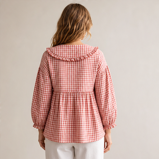 Red Gingham Top | Ruffled Peter Pan Collar Blouse - Puff Sleeve Casual Shirt for Women lifestyle