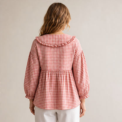 Red Gingham Top | Ruffled Peter Pan Collar Blouse - Puff Sleeve Casual Shirt for Women lifestyle