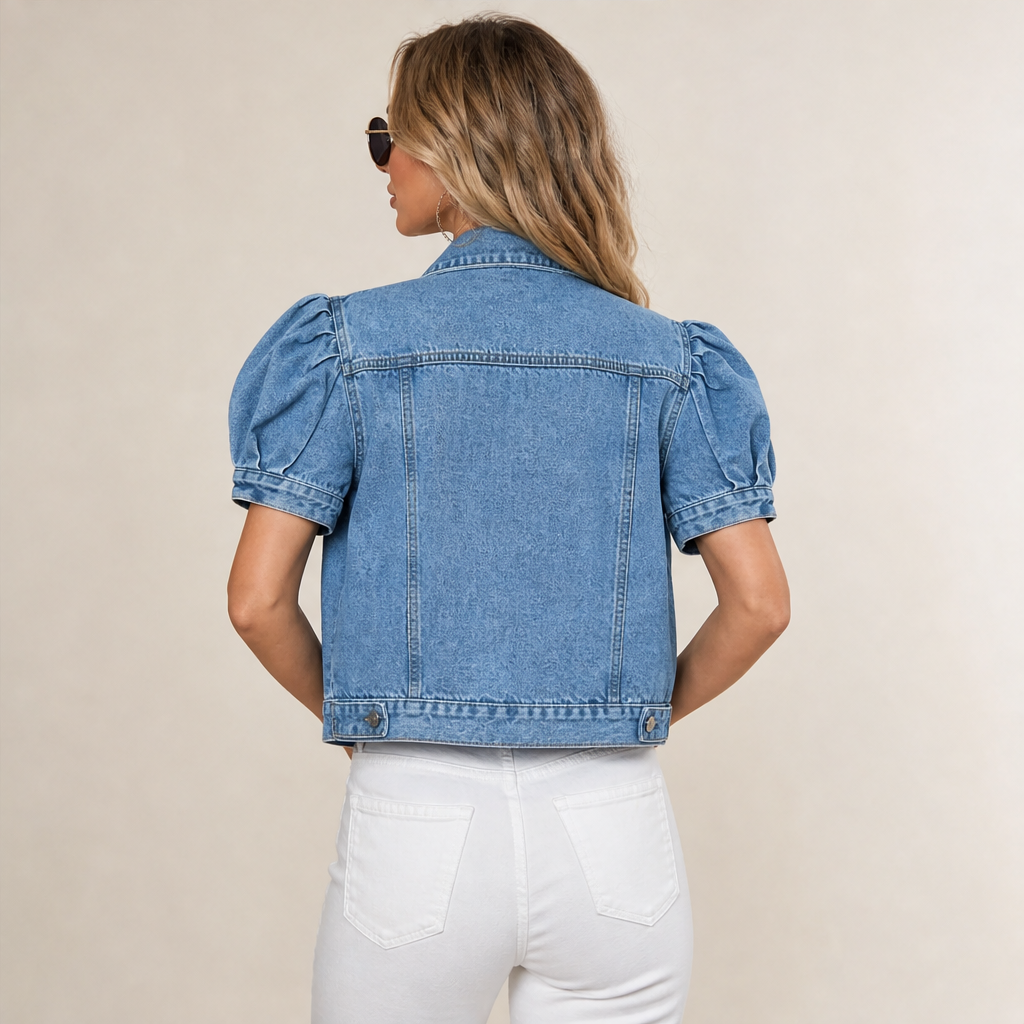Light Blue Denim Crop Jacket | Vintage Bubble Sleeve Slim Fit - Cropped Jean Jacket for Women lifestyle