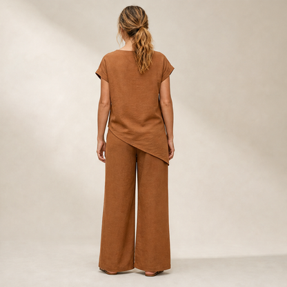 Rust Asymmetric Hem Top & Trouser Set | Women's Two-Piece Wide-Leg Outfit - Button Detail lifestyle