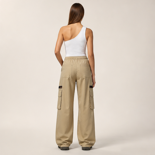 Khaki Cargo Trousers | Relaxed Fit Stretch Utility Pants - Women's Wide Leg with Pockets lifestyle