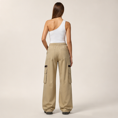 Khaki Cargo Trousers | Relaxed Fit Stretch Utility Pants - Women's Wide Leg with Pockets lifestyle
