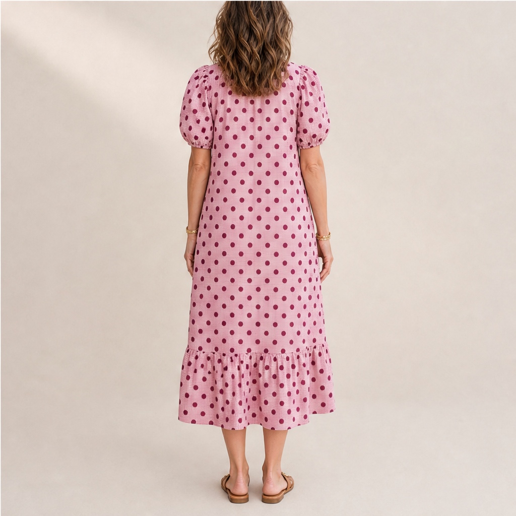 Pink Polka Dot Midi Dress | Puff Sleeve Gingham Tiered Dress - V-Neck Button Front lifestyle