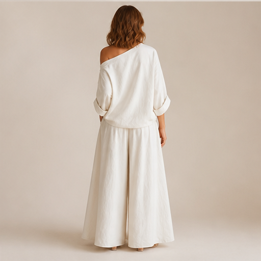 Ivory Off-Shoulder Wide Leg Set | Two-Piece Linen-Look Top & Trousers - Matching Set for Women lifestyle