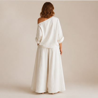 Ivory Off-Shoulder Wide Leg Set | Two-Piece Linen-Look Top & Trousers - Matching Set for Women lifestyle