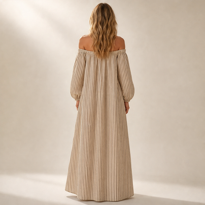 Beige Stripe Off Shoulder Maxi Dress | Lantern Sleeve Boho Dress - Relaxed Fit with Side Pockets lifestyle
