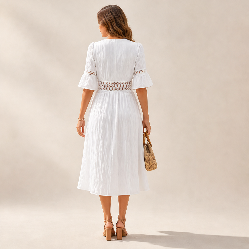 White V-Neck Midi Dress | Lace Cutout Textured Cotton Dress - Flutter Sleeve lifestyle