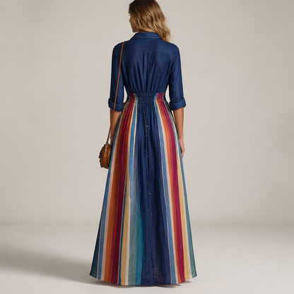 Navy Collar Rainbow Stripe Maxi Dress | Boho Shirt Dress with Elastic Waist - Long Length Split Skirt lifestyle