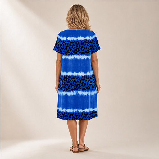 Blue Tie-Dye Leopard Print V-Neck Dress | Casual Shift Dress for Women - Short Sleeve Midi lifestyle