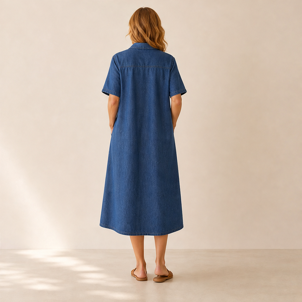 Denim Midi Shirt Dress | Casual Short Sleeve Dress with Pockets - Relaxed Fit lifestyle