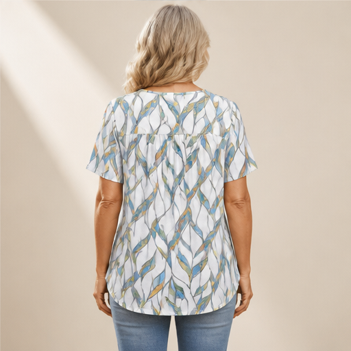 White Printed V-Neck T-Shirt | Pleated Short Sleeve Top for Women - Loose Fit Tunic Blouse lifestyle