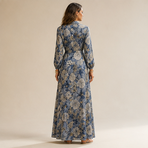 Blue Floral Maxi Dress | Vintage Oil Painting Print Shirt Dress - Long Sleeve Straight Cut with Side Pockets lifestyle
