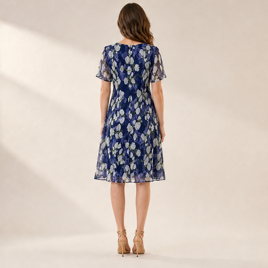Navy Floral Chiffon A-Line Dress | Double-Layer Midi with Flutter Sleeves - Women's Occasion Wear lifestyle