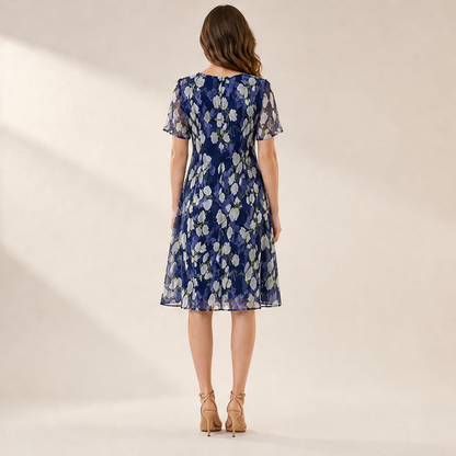 Navy Floral Chiffon A-Line Dress | Double-Layer Midi with Flutter Sleeves - Women's Occasion Wear lifestyle
