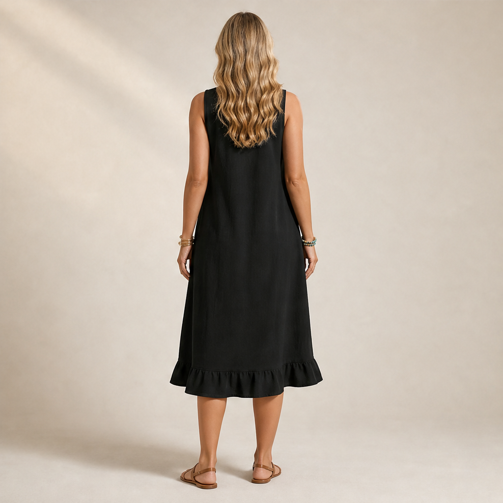 Marielle Women's Sleeveless Ruffle Hem Midi Dress with Dual Front Pockets - Casual Cotton Blend Summer Dress lifestyle