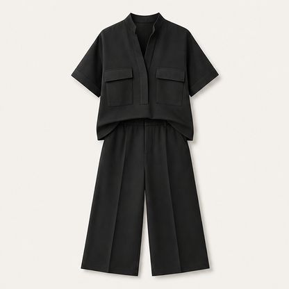 Aveline Women's Tailored Two-Piece Co-ord Set - Wide-Leg Trousers & Short-Sleeve Top Loose Fit Solid Colour Suit Black