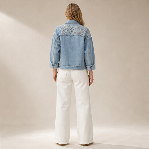 Light Wash Floral Lace Denim Jacket | Loose Fit Patchwork Trucker - Women's Cotton Blend Outerwear lifestyle