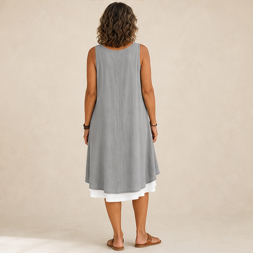 Grey Layered Hem Swing Dress | Sleeveless Linen-Blend Mock Two-Piece - A-Line with Pockets lifestyle