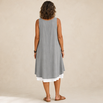 Grey Layered Hem Swing Dress | Sleeveless Linen-Blend Mock Two-Piece - A-Line with Pockets lifestyle