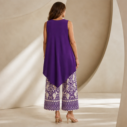 Purple Sleeveless Top & Wide Leg Trouser Set | Ikat Print Two-Piece Outfit for Women lifestyle
