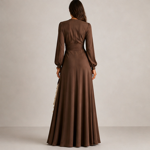 Brown Wrap V-Neck Maxi Dress | Lantern Sleeve Formal Gown - Ruffle Slit Two-Layer Skirt lifestyle
