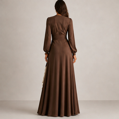 Brown Wrap V-Neck Maxi Dress | Lantern Sleeve Formal Gown - Ruffle Slit Two-Layer Skirt lifestyle