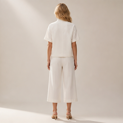 White Tailored Two-Piece Set | Short Sleeve Top & Wide-Leg Culottes - Smart Casual Matching Set lifestyle
