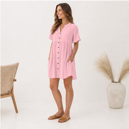 Marlowe Women's Short Sleeve Babydoll Dress - Button Down Shirt Dress with Pockets lifestyle