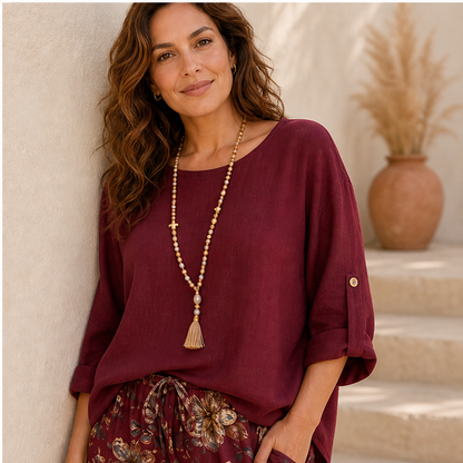 Marisol Women's Boho Two-Piece Cotton Linen Top & Wide-Leg Trouser Set - Floral Print Roll-Sleeve Blouse & Palazzo Trousers lifestyle