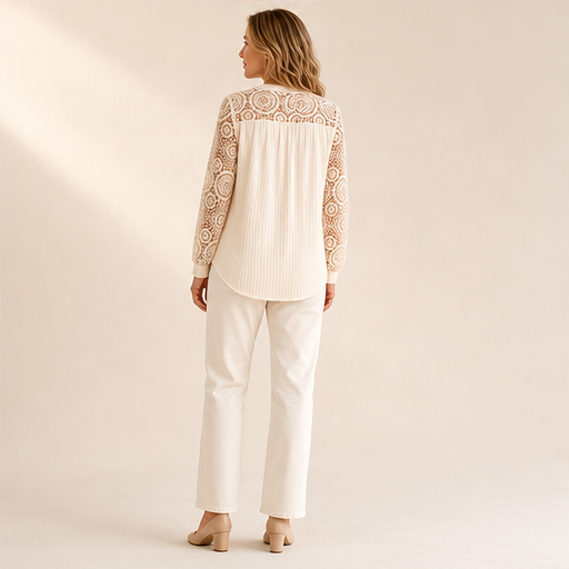 Cream Lace V-Neck Top | Crochet Sleeve Blouse for Women - Long Sleeve Pintuck Top lifestyle