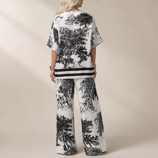 White Printed V-Neck Top and Trousers Set | Casual Two-Piece Loungewear - Wide Leg Matching Set lifestyle